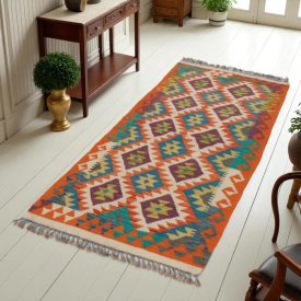Hand woven Afghan wool Chobi Kilim runner rug 76x202 cm