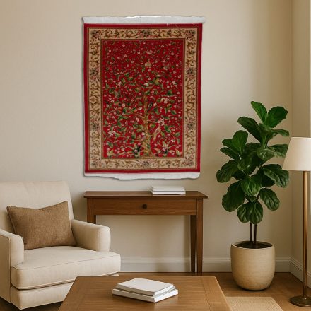 Silk rug Tree of life motif crimson red 100x150 high-quality viscose silk carpet from Iran