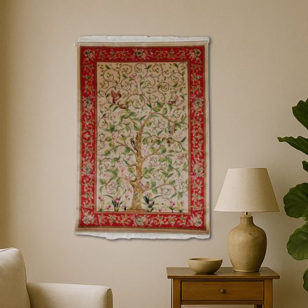 Silk rug Tree of life motif beige 80x120 viscose silk Persian carpet