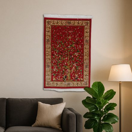 Silk rug Tree of life motif red 80x120 high-quality viscose silk carpet from Iran