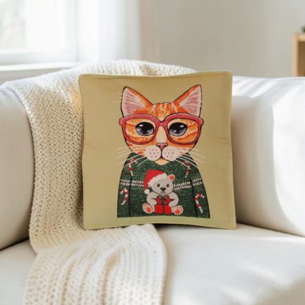 Sage Green Decorative Cushion 45x45 cm – Festive Cat
