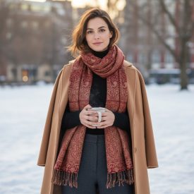   Elegant women's shawl 215x105 burgundy-beige authentic pattern