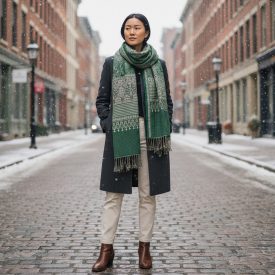 Shawl oriental pattern 215x105 green cotton scarf