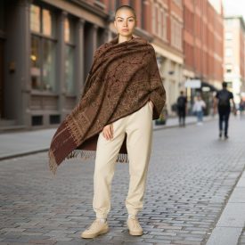   Elegant women's shawl 215x105 dark beige-black authentic pattern