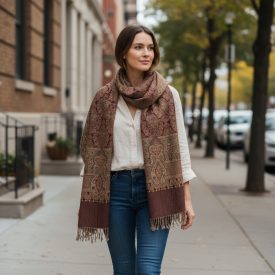 Shawl oriental pattern brown 215x105 cotton shoulder scarf