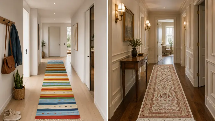 Coordinating geometric and traditional hallway rugs
